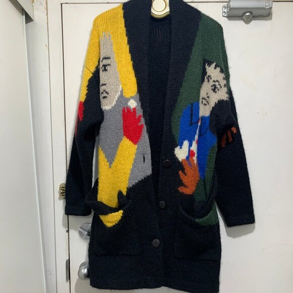 VINTAGE GRAPHIC KNIT BELTED WOOL SWEATER CARDIGANS SIZE XL - Picture 8 of 16